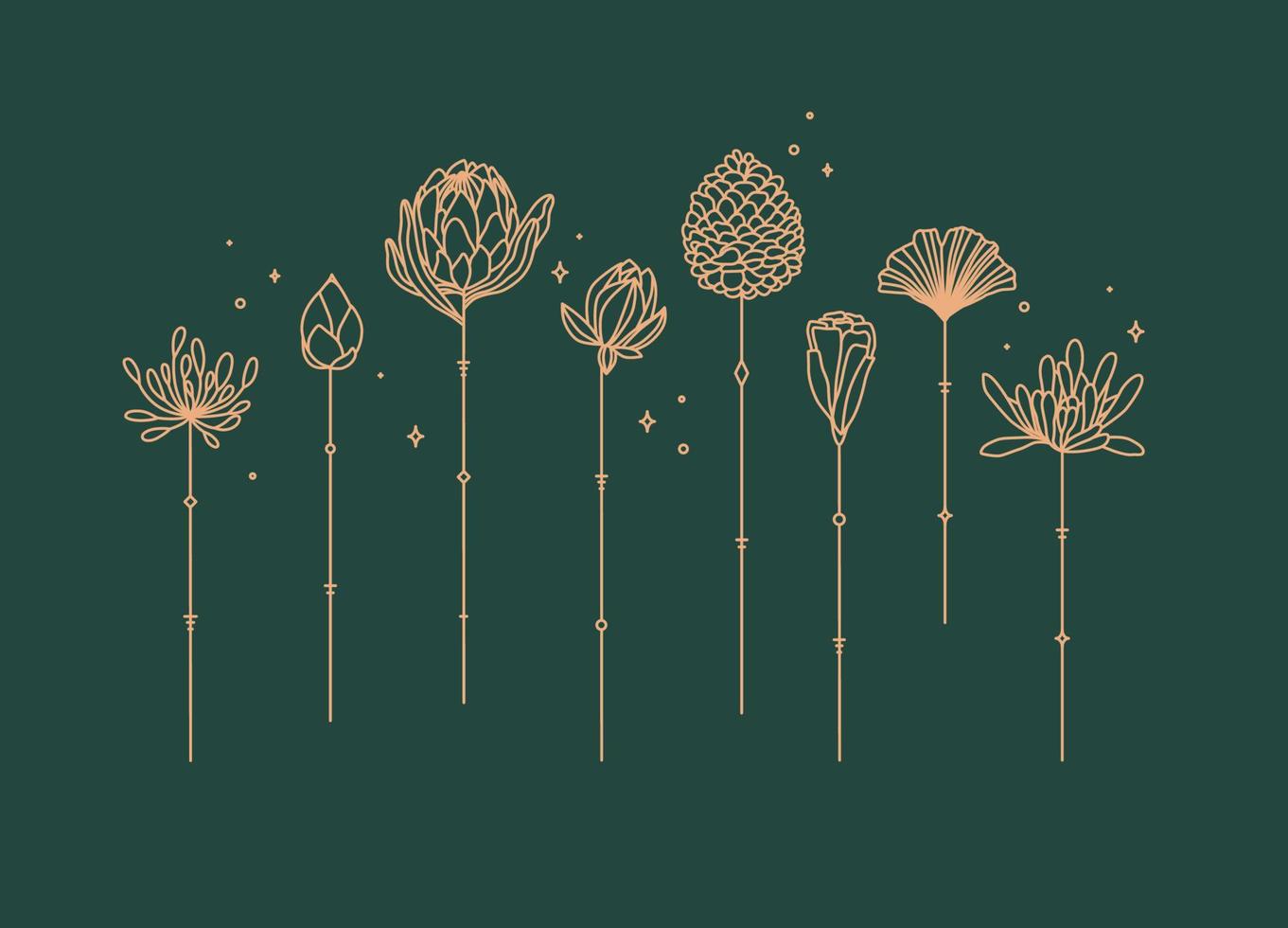 Flowers long stem drawing in art deco style on green background vector