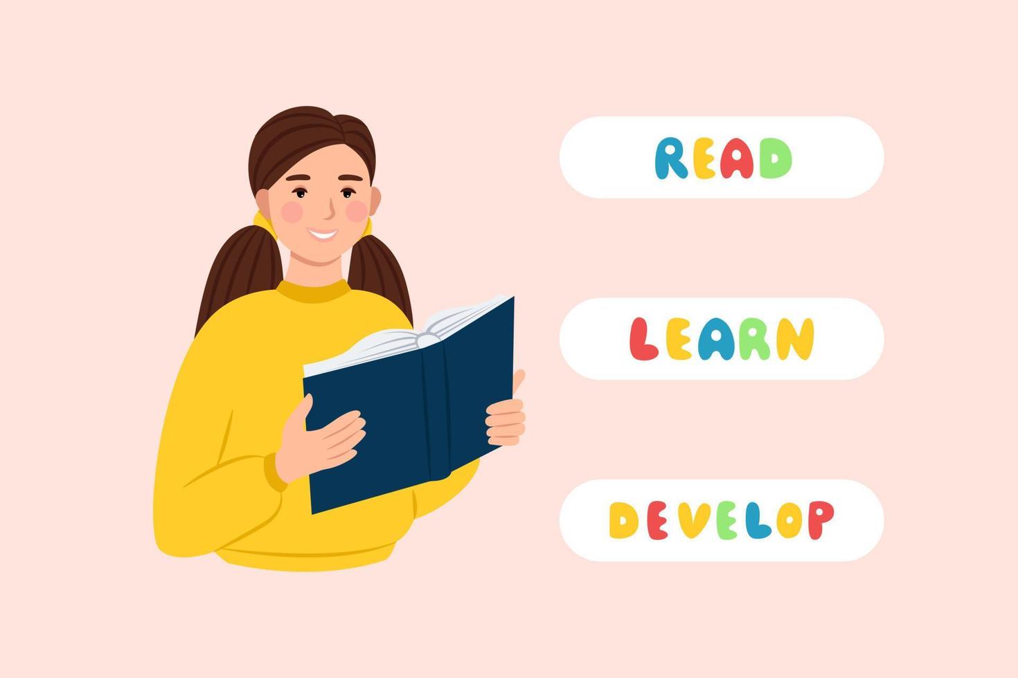 Smiling girl with open book in hands banner. Education and study, vector illustration in flat style