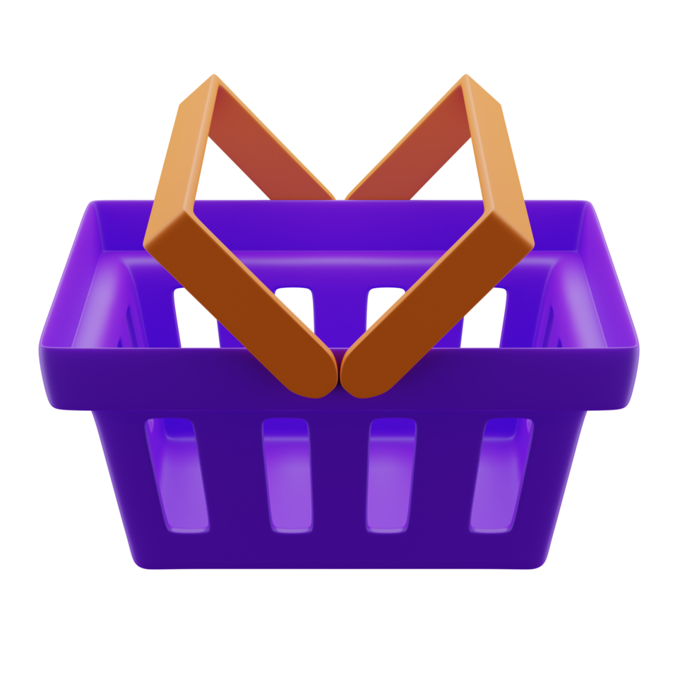 Ilustração 3D do ícone roxo da cesta de compras ou mantimentos com alça laranja em ângulo flutuante. png