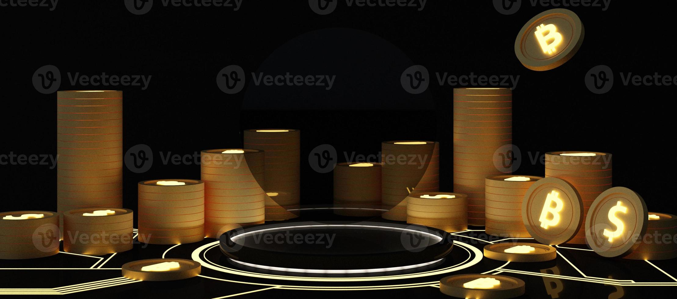 digital currency gold coin on display sticks with hidden lights illuminated on a digital background Black background with glow from the ground and stock chart in the back. 3d render photo