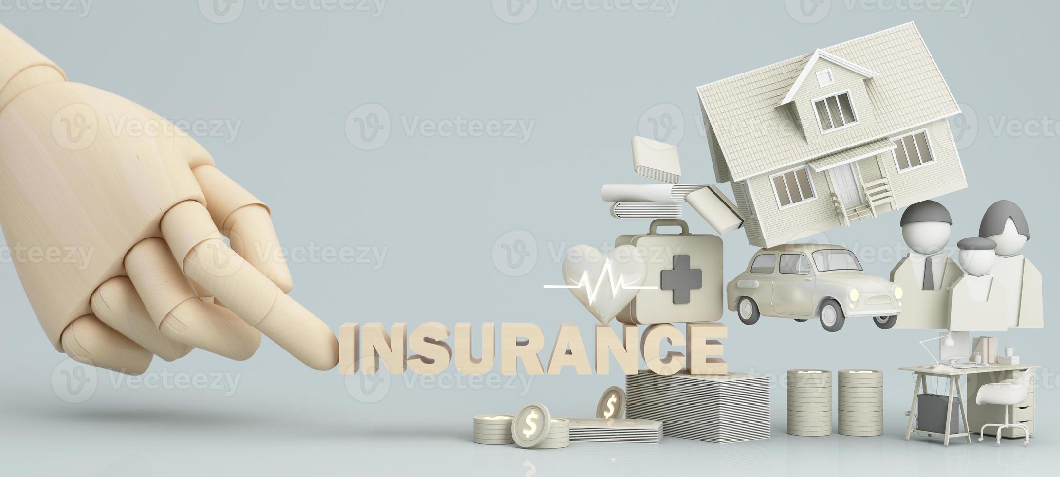 Insurance company client take out complete insurance concept. Assurance and insurance car, real estate and property, travel, finances, health, family and life. 3d render yellow photo