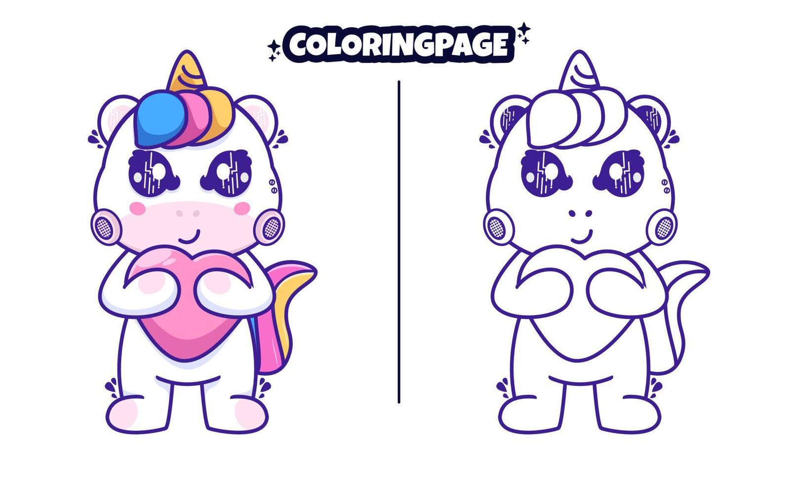 cute robot unicorn heart with coloring pages suitable for kids vector