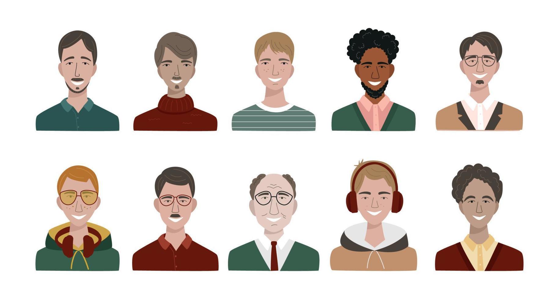 Bundle of different men avatars. Set of colourful user portraits. Male characters faces. Smiling men avatar collection. Vector illustration in flat cartoon style