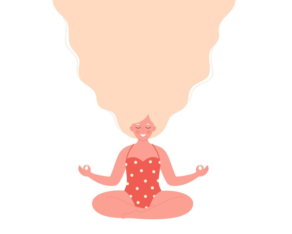 mujer meditando en traje de baño. estilo de vida saludable, yoga, relax, ejercicio respiratorio. Hola Verano. vector