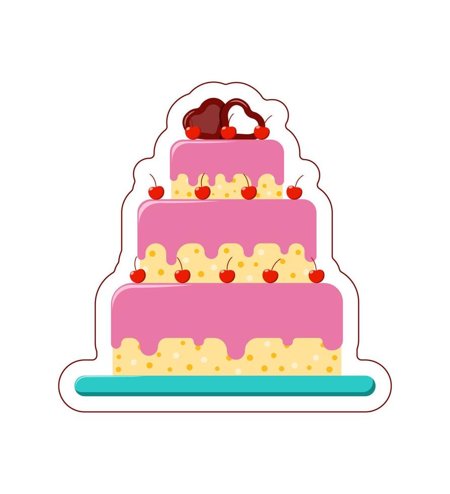 pegatina de pastel de cumpleaños vectorial. pastel grande en un estilo plano con contorno cortado sobre fondo blanco vector