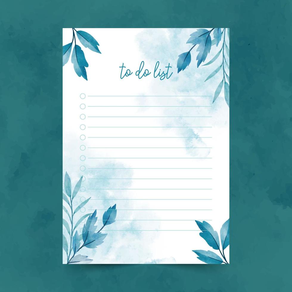 Set of to do list template with hand drawn  watercolor leaf illustration background vector