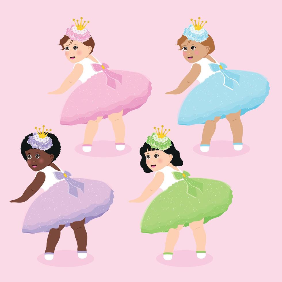 Vector set of multi-ethnic little baby girls in pretty dress