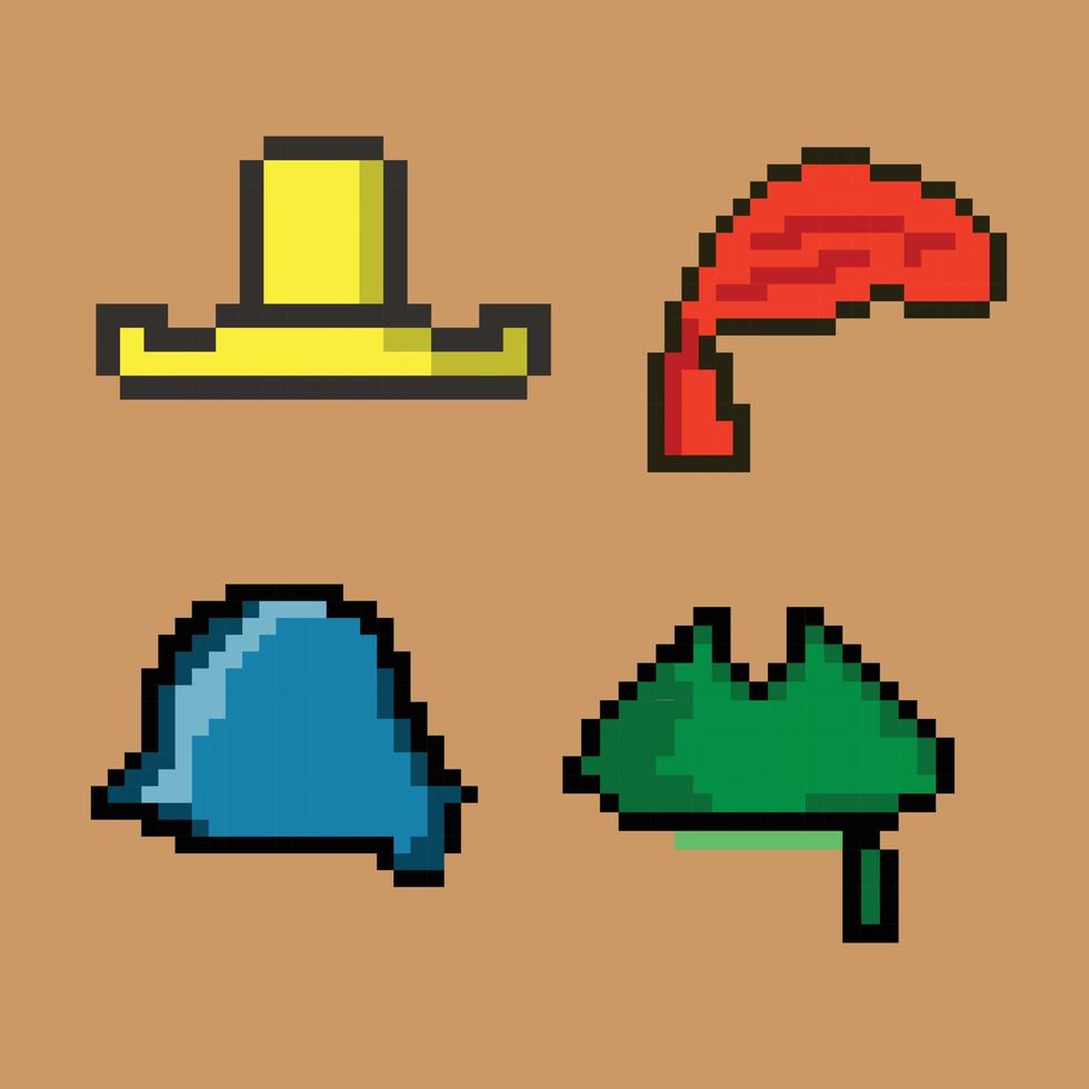 conjunto de sombreros de arte de píxeles elemento de sprite de juego de arte de píxeles de 8 bits con fondo de color sólido vector