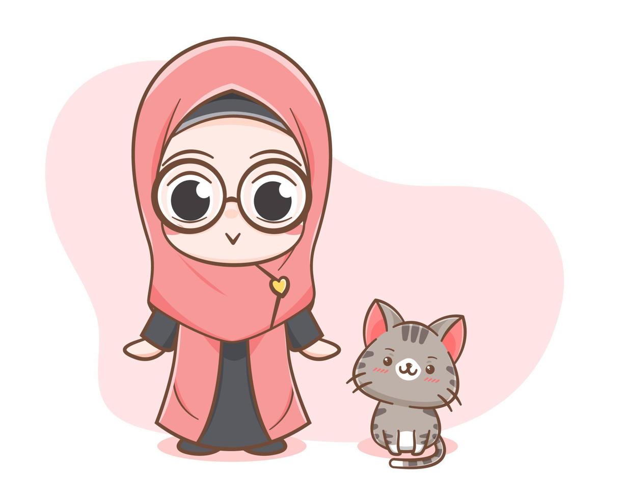 Cute a muslim girl and a cat cartoon illustration vector