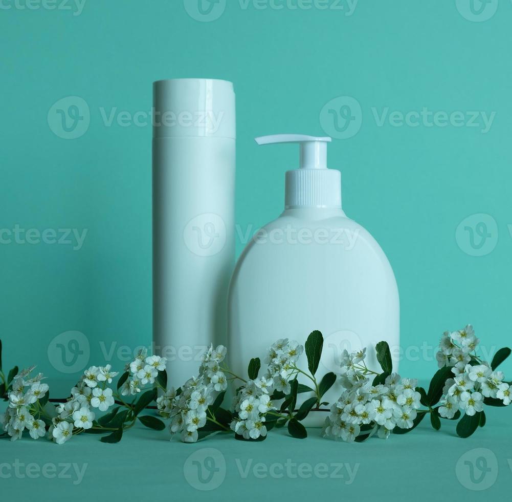 Bottles for cosmetic products without a label. Body care concept. photo