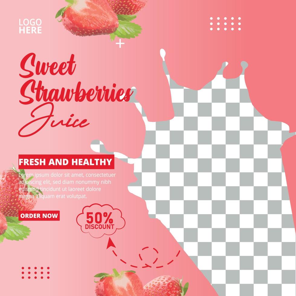 venta especial de jugo de fresa diseño de publicación en redes sociales vector