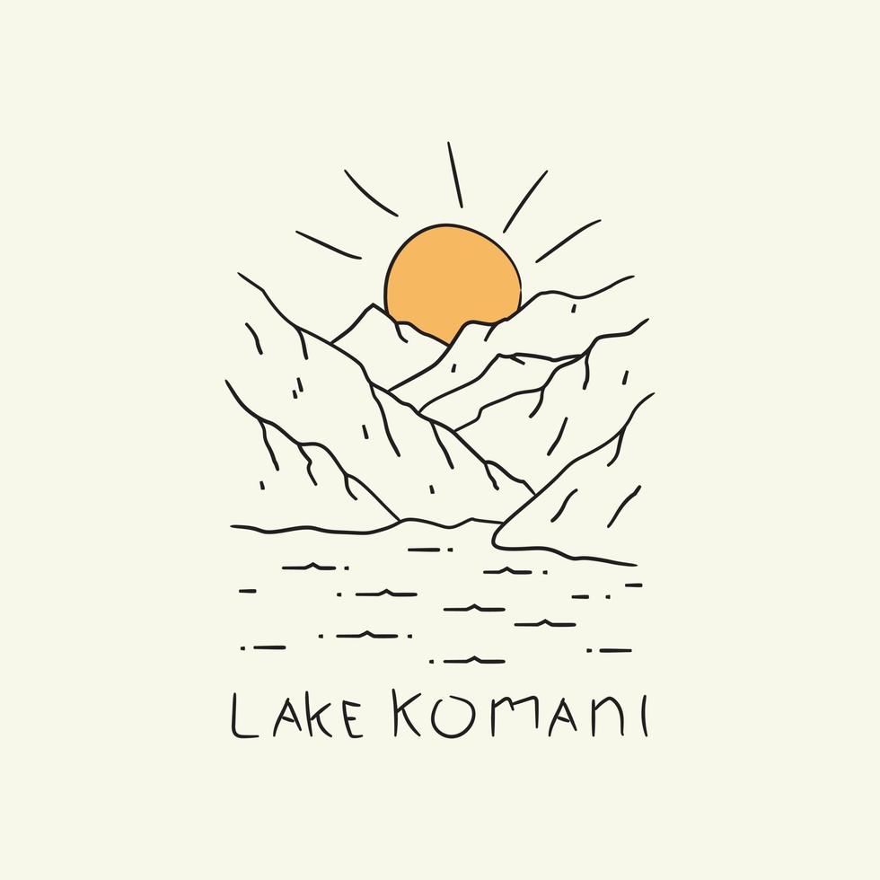 diseño vectorial del paisaje del lago komani albanés en arte de línea mono, ilustración gráfica de pin de parche de insignia, diseño de camisetas de arte vectorial vector