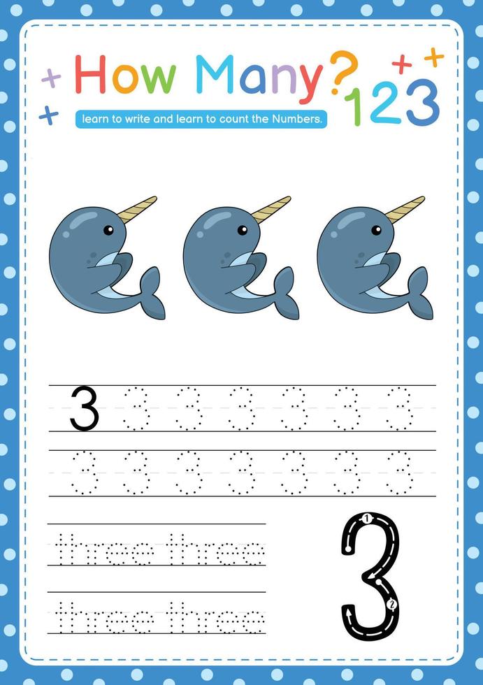 Numbers tracing template by counting Sea fish marine vector