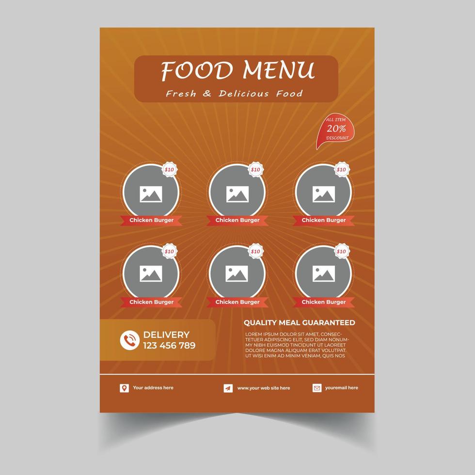 professional food menu flyer template, in A4 size. flyer, banner, and Layout Design. food concept. cafe and restaurant menu, junk food. Pizza, Burger, flyer design, vector
