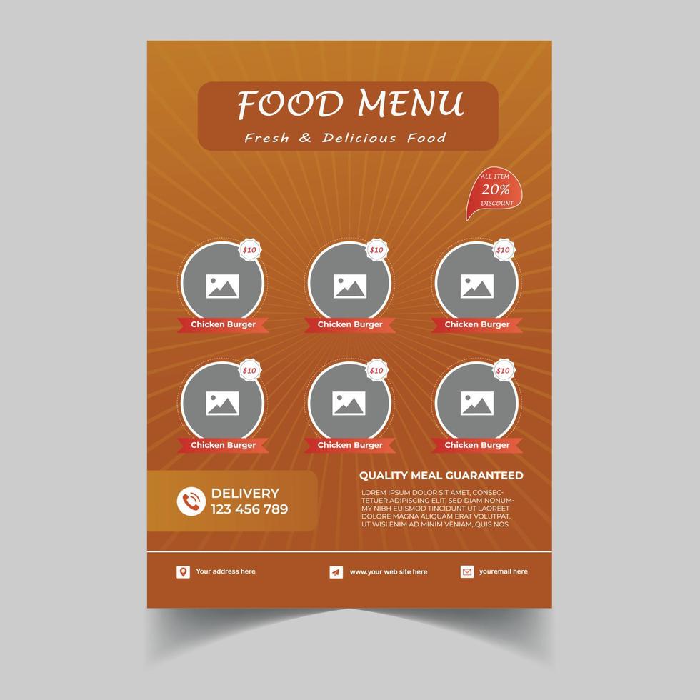 plantilla de volante de menú de comida profesional, en tamaño a4. diseño de folletos, pancartas y diseño. concepto de comida menú de cafetería y restaurante, comida chatarra. pizza, hamburguesa, diseño de volante, vector