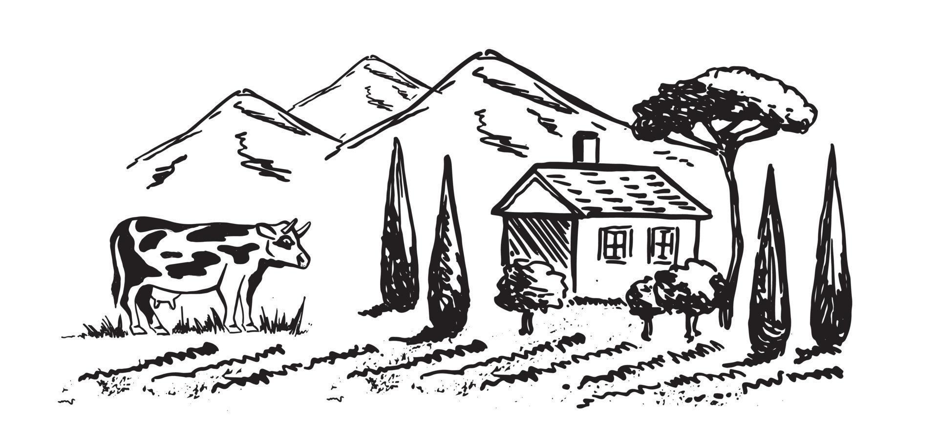 Mountain landscape. Cow in black. Windmill. Sketch style, Vector illustration.