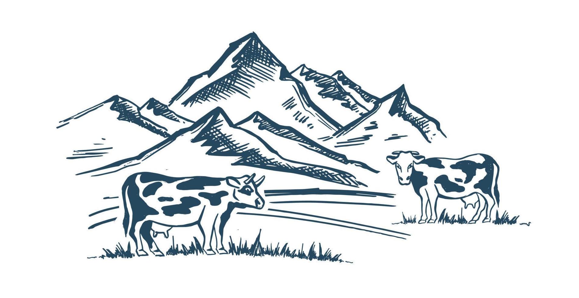 Mountain landscape. Cow in black. Windmill. Sketch style, Vector illustration.