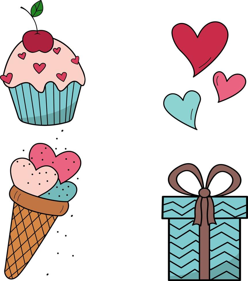 lindo conjunto con cupcake, fresas, estrellas sobre el tema del día de san valentín, bodas, eventos románticos. iconos vectoriales de contorno para sitios web e interfaces, aplicaciones móviles, iconos, postales. vector