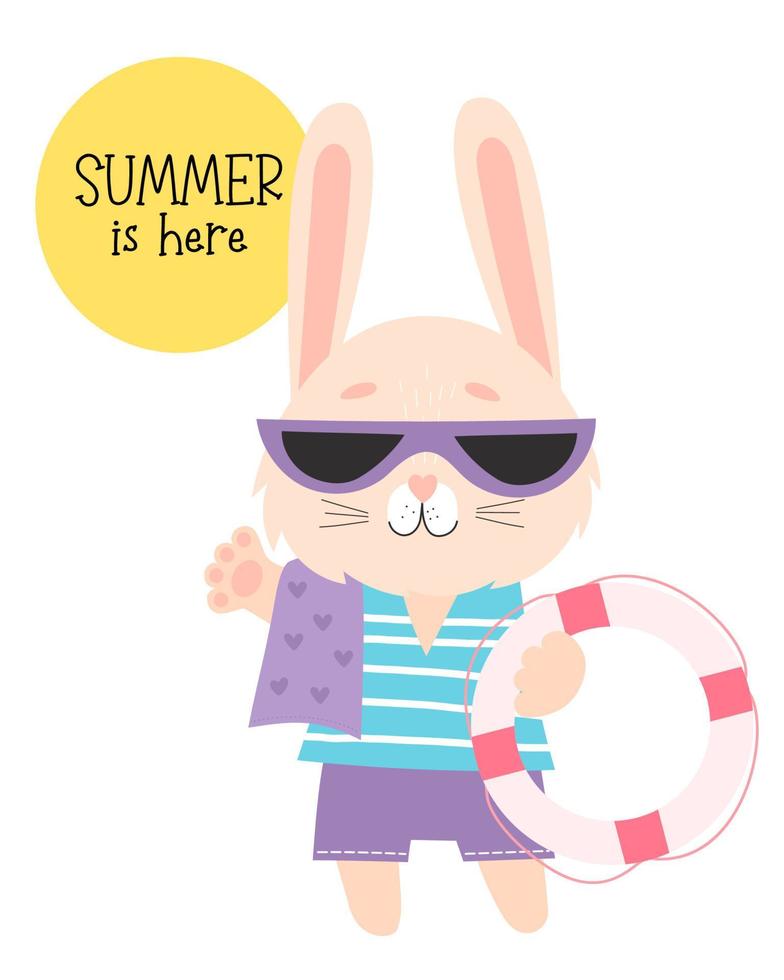 tarjeta de verano con lindo conejito de playa en gafas de sol con aro salvavidas. ilustración vectorial feliz personaje turístico de liebre y eslogan el verano está aquí. para diseño, impresión, postales vector