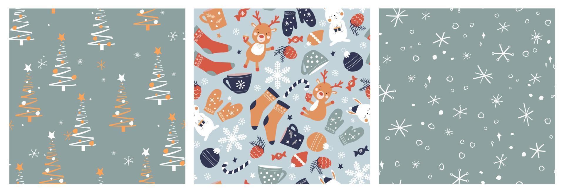 A set of seamless New Year patterns. Print with Christmas trees, deer, rabbits, gifts, snowflakes, stars. Vector graphics.