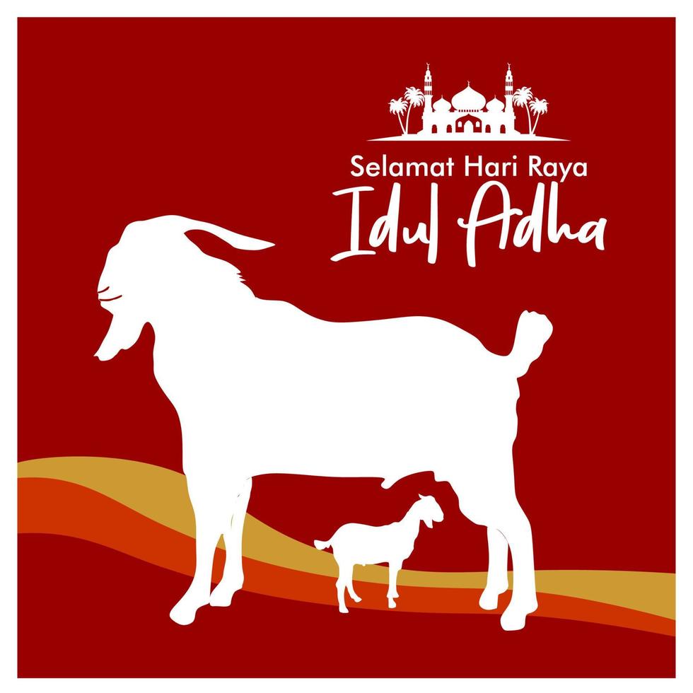 Eid Al Adha flat vector illustration with goat or sheep animal and mosque. Sacrifice animal celebration Islamic event. Selamat hari raya Idul Adha means happy Eid al-Adha also called Sacrifice festive