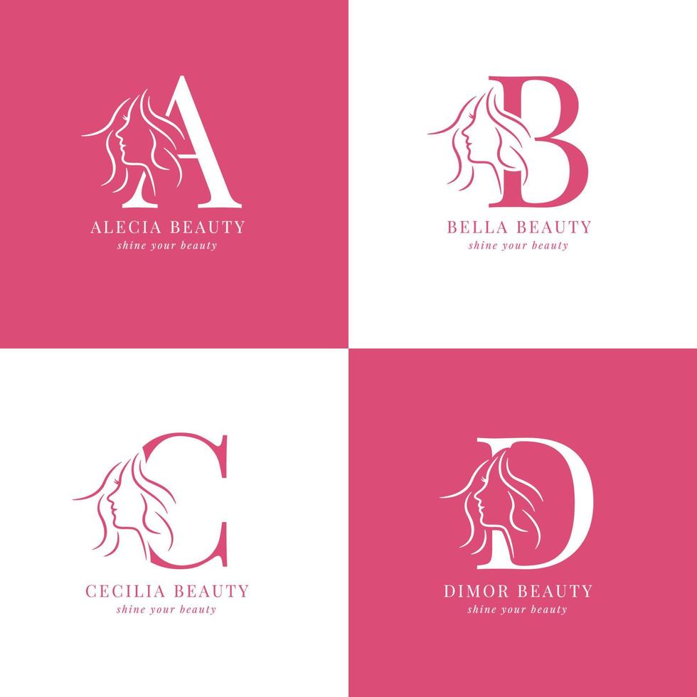 Minimalist and elegant hand drawn letters with woman silhouette A to D salon or skincare logo vector