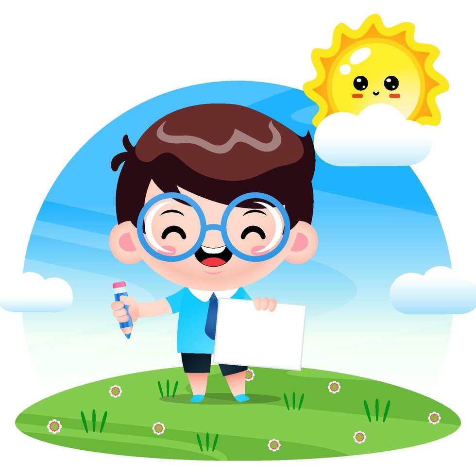 Cute Student Boy Holding Paper And Pencil vector