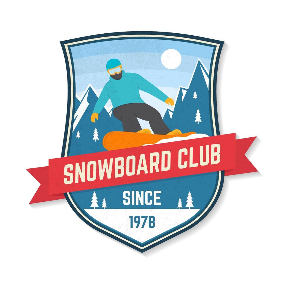 club de snowboard parche de ilustración vectorial. concepto para camisa, estampado, sello. diseño de tipografía vintage con snowboarder y silueta de montaña. deporte extremo de invierno. vector