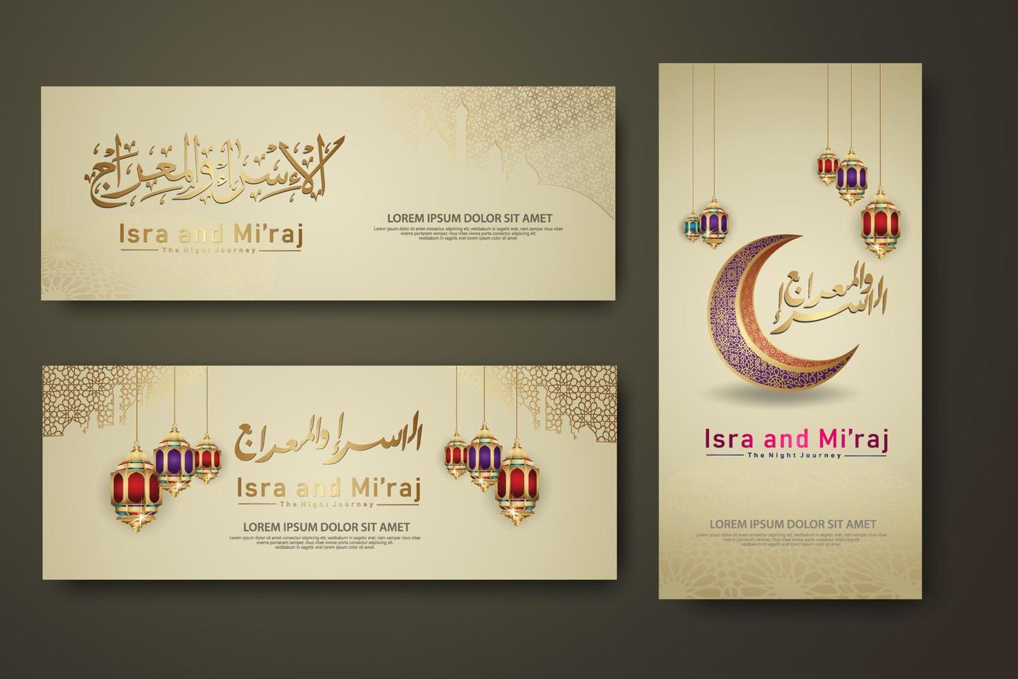 Al-Isra wal Mi'raj Prophet Muhammad calligraphy set banner template vector