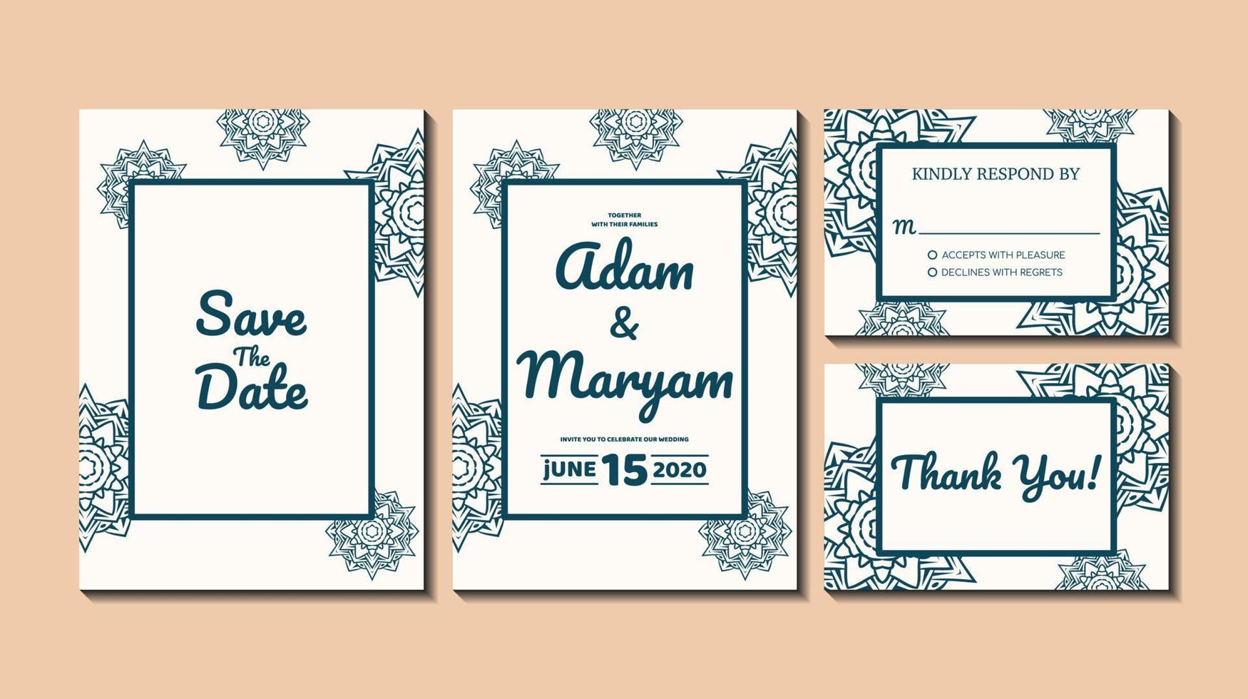 set cover content wedding invitation card with mandala, abstract frame background decoration ornament mockup greeting celebration rustic template vector illustration