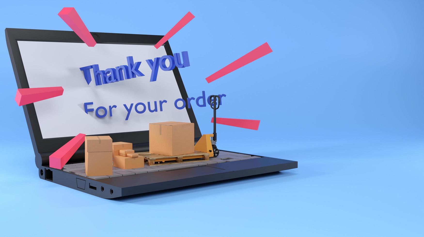 3D rendering logistics and delivery online service concept  hand lift moves a pallet with box carton , order success and ready for send product to customer photo