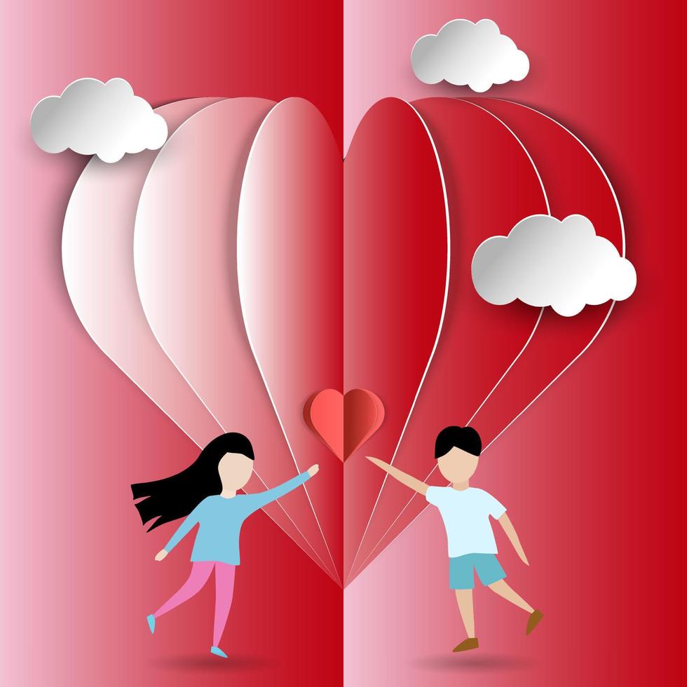 encantadora pareja alegre festival de san valentín. Me encanta el fondo rosa. ilustración vectorial estilo de arte en papel. vector