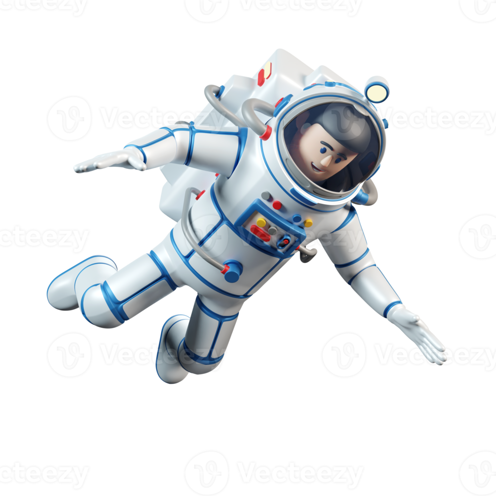 astronaute en combinaison spatiale. l'astronaute 3d de dessin animé vole dans l'espace ouvert. Illustration 3D. rendu 3D. png