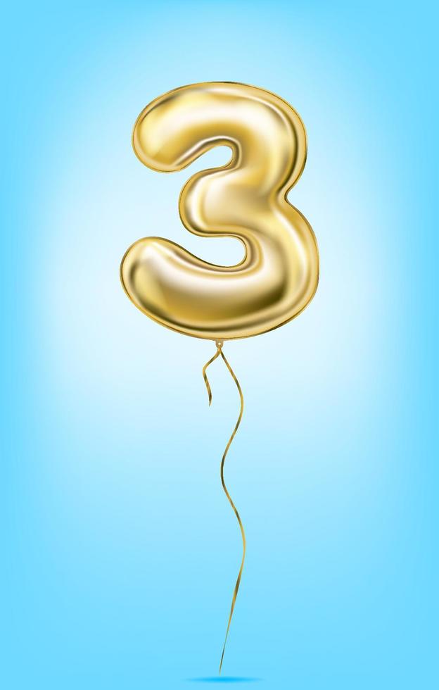 High quality vector image of gold balloon numbers. Digit three, 3