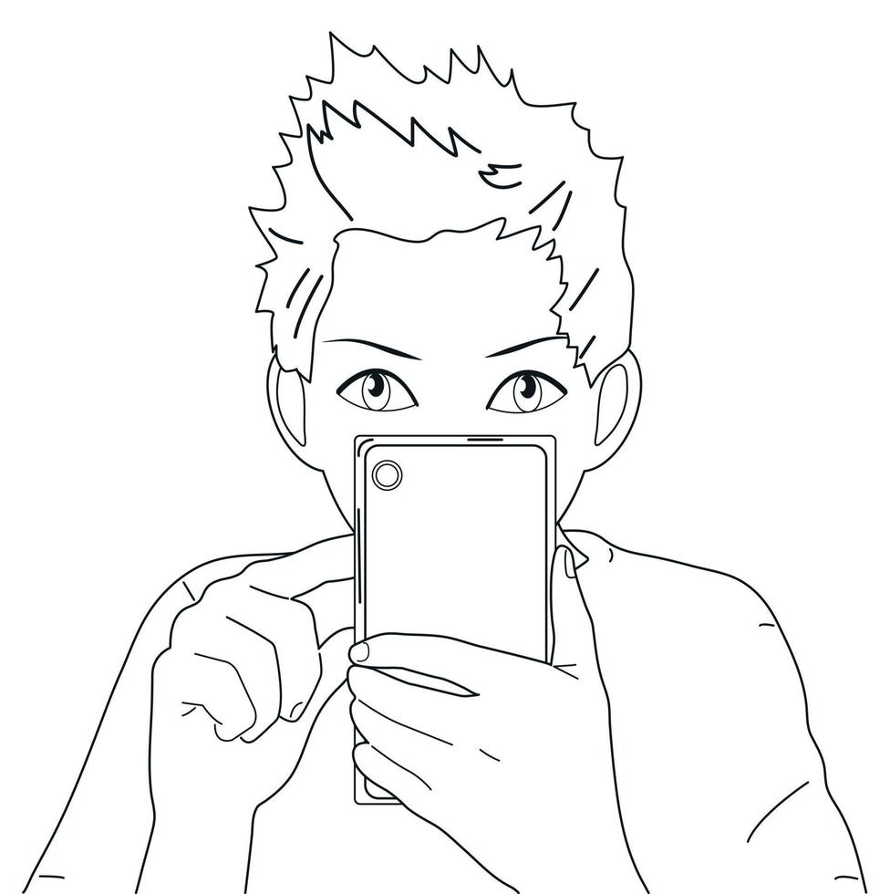 The guy is talking on a video link or taking a photo on the phone. Vector, white background vector