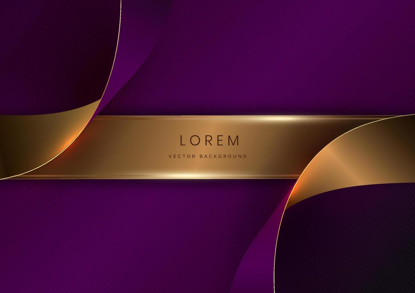 Abstract 3d curved purple and gold ribbon on purple background with lighting effect copy space for text. Luxury design style. vector