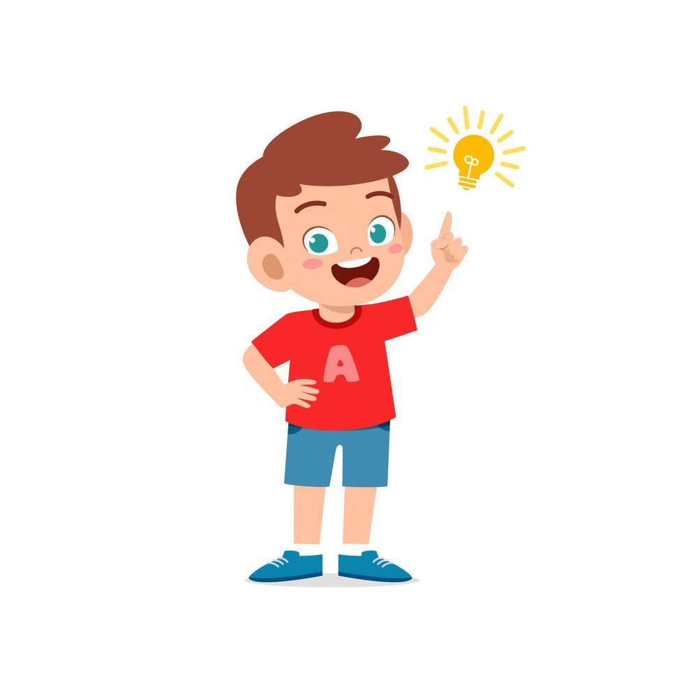 Cute little kid boy show idea pose expresión con signo de bombilla vector