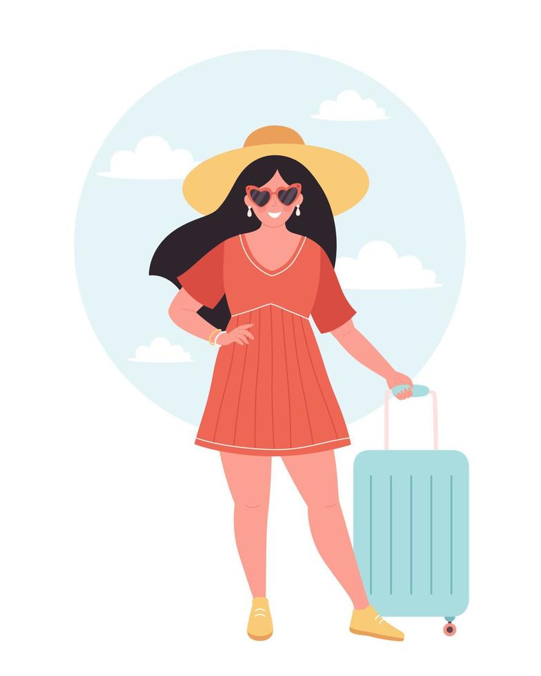 Woman tourist with travel bag or luggage. Summer vacation, summer traveling, summertime. vector