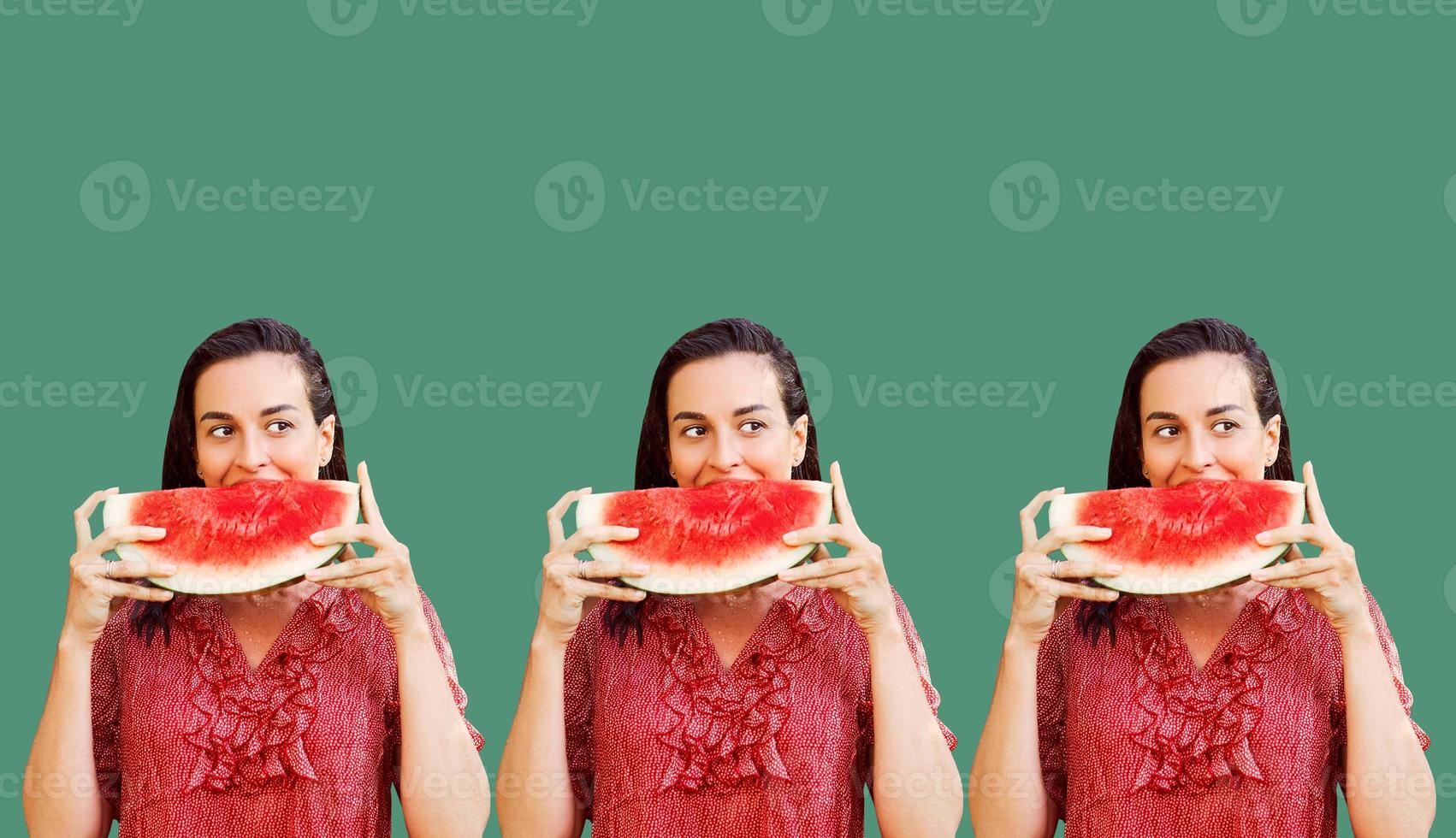 Pattern of cheerful woman holding a piece of sliced watermelon on a colorful background. Summer concept photo