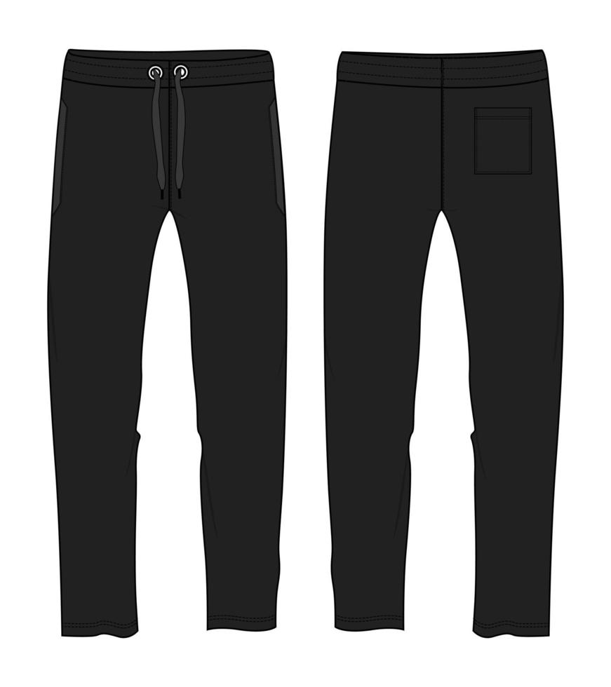 pantalones de chándal moda técnica boceto plano ilustración vectorial plantilla de color negro vistas frontales y traseras vector