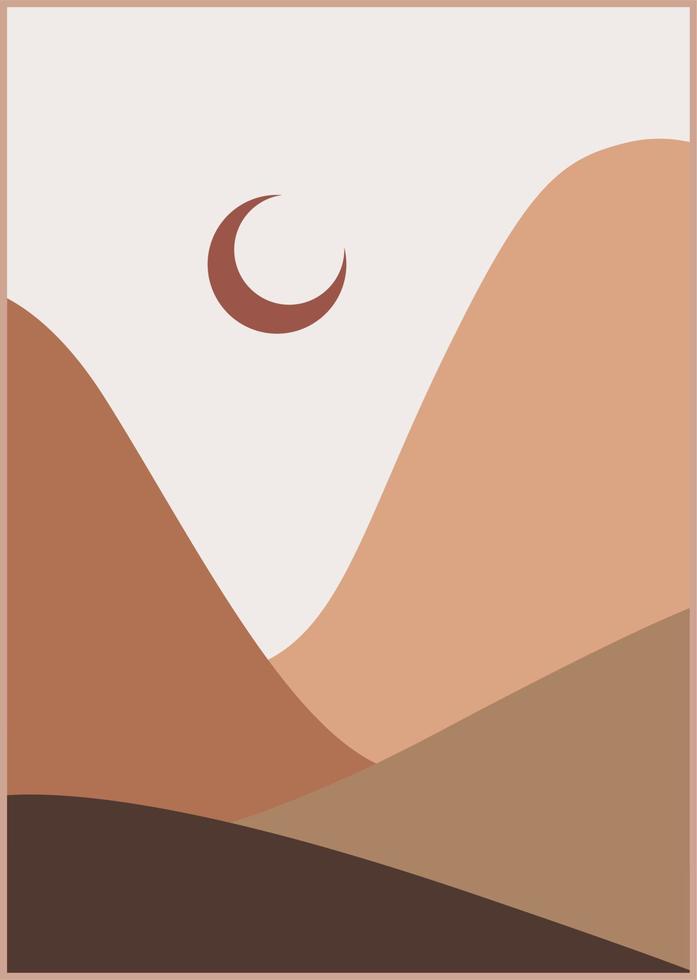 diseño plano boho de montaña. fondos estéticos contemporáneos abstractos paisajes ambientados con amanecer, atardecer, noche. tonos tierra, colores pastel. decoración de pared bohemia. impresión de arte minimalista moderno de mediados de siglo. vector