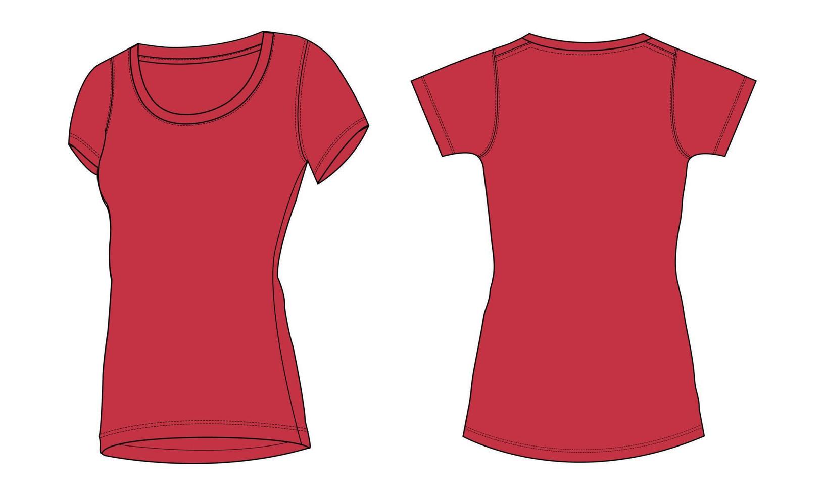 camiseta de manga corta ajustada moda técnica boceto plano ilustración vectorial plantilla de color rojo para damas vector