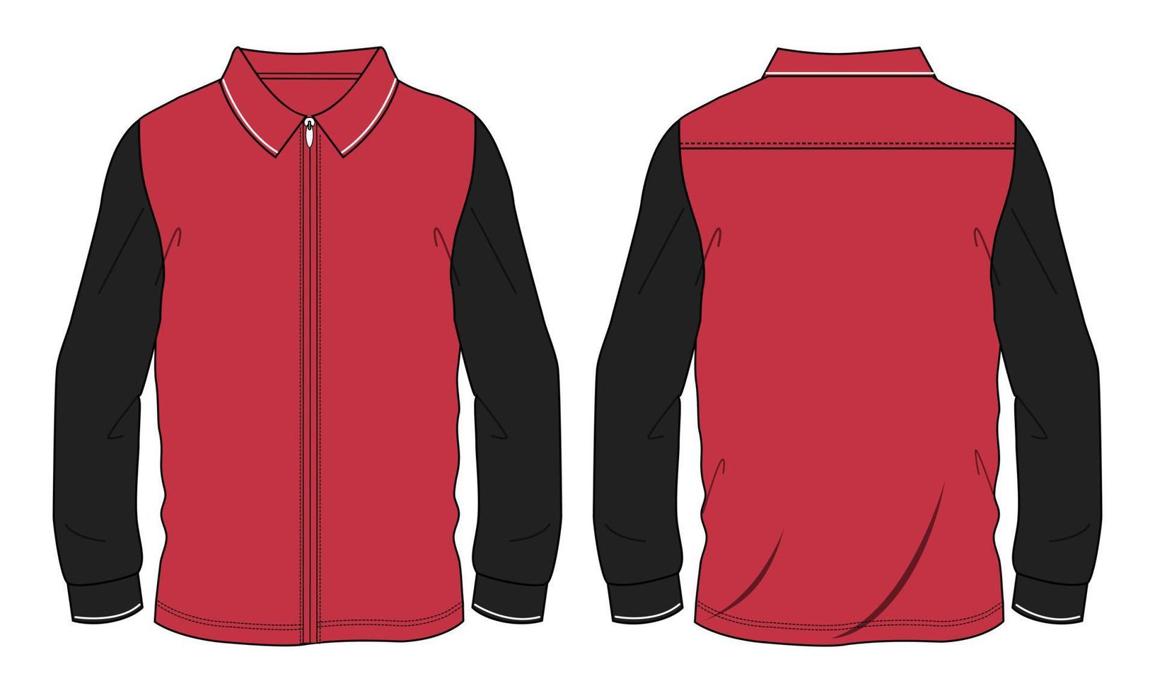 plantilla de vector de boceto plano de moda técnica de camisa de manga larga de color rojo y negro de dos tonos