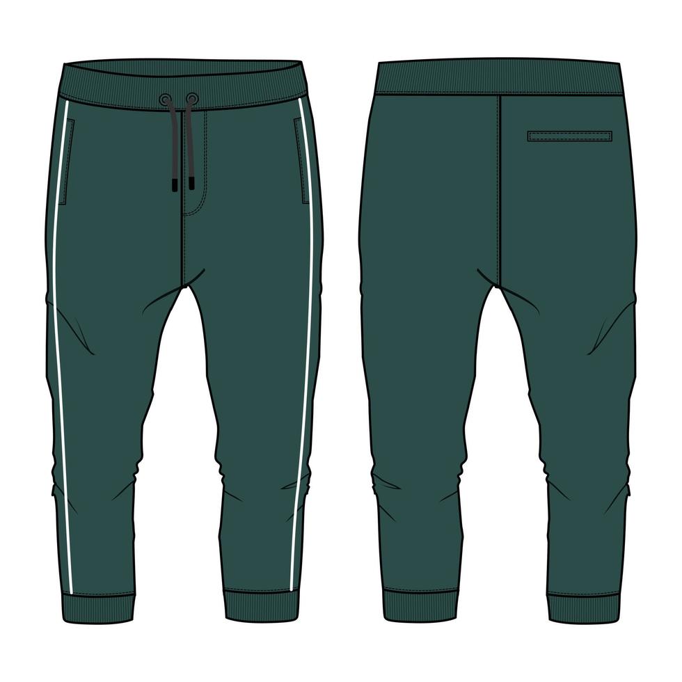 Sweatpants technical fashion flat sketch vector illustration green Color template front back views