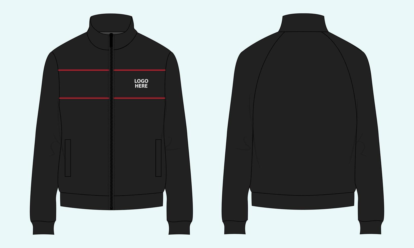 Long sleeve with Short zip fleece jacket  Sweatshirt technical fashion Flat sketch Vector illustration black Color template Front, back views.