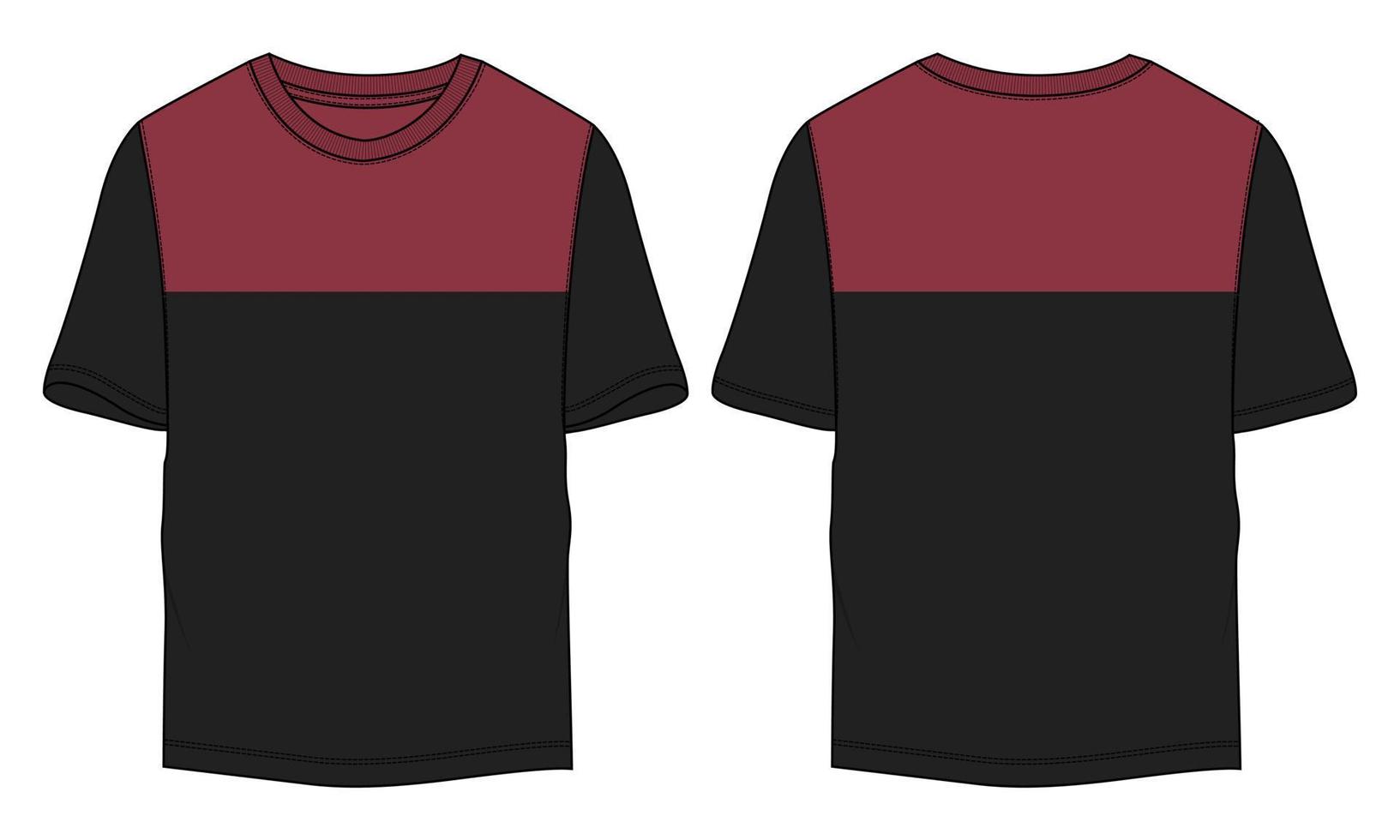 Two tone color T shirt with cut and sew technical fashion flat sketch vector illustration template