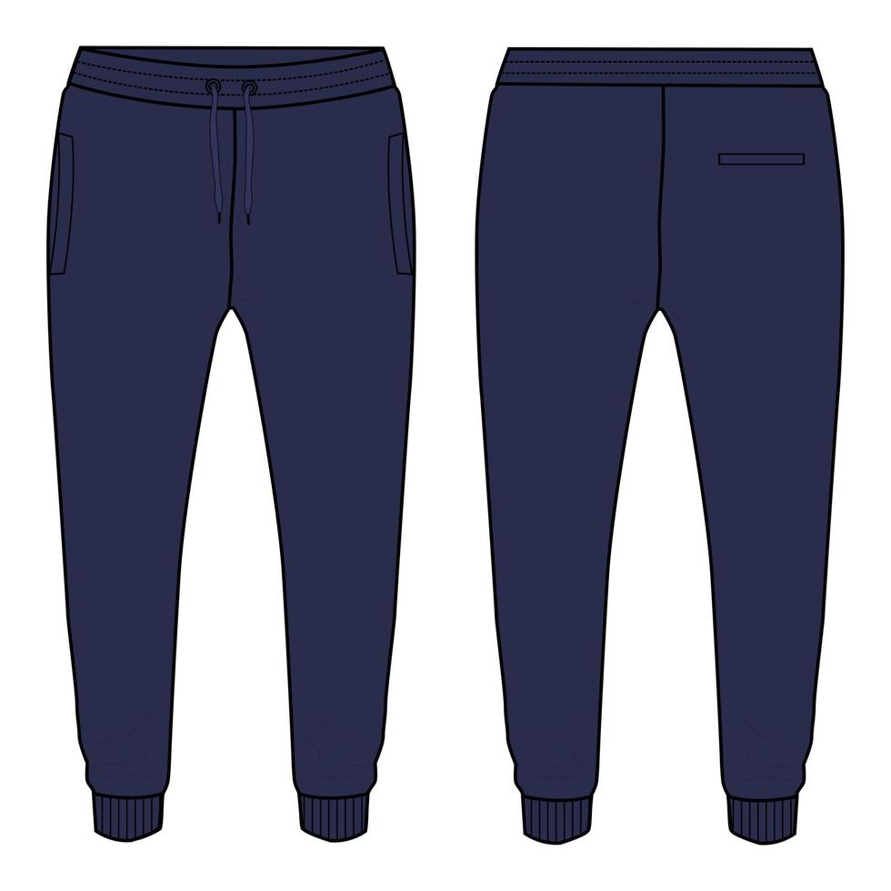 Jogger Sweatpants technical fashion flat sketch vector illustration Navy color template