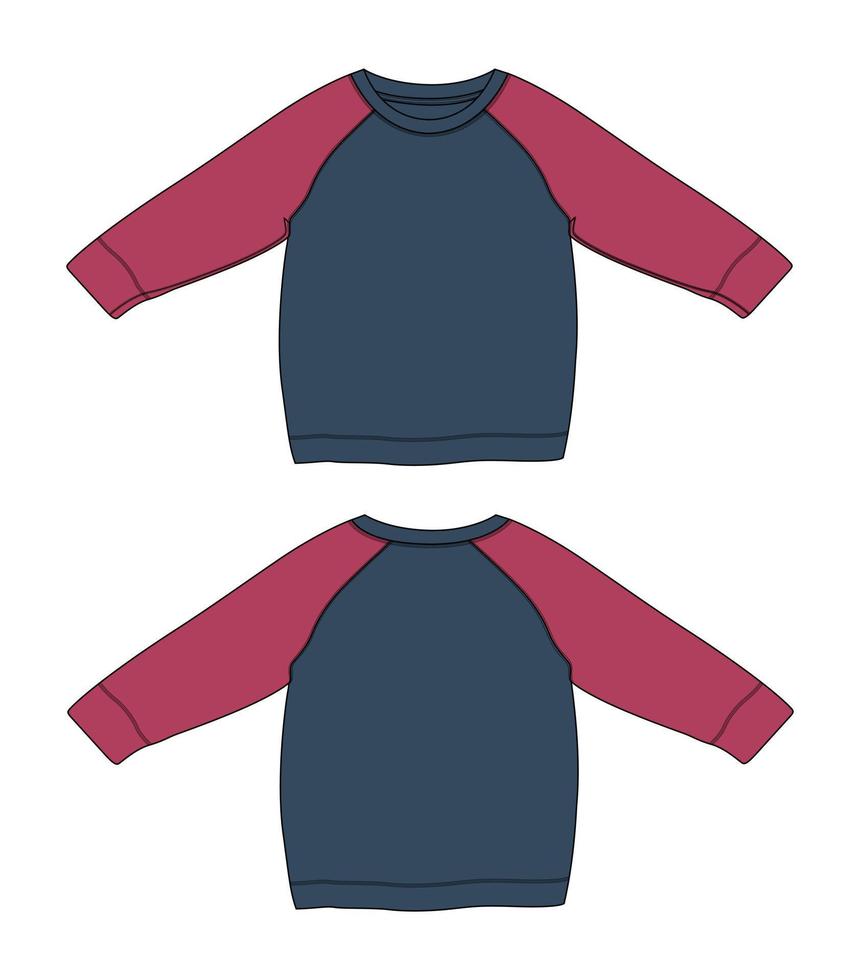 plantilla de dibujo plano de moda técnica de sudadera raglán de dos tonos azul marino y rojo para mujer vector