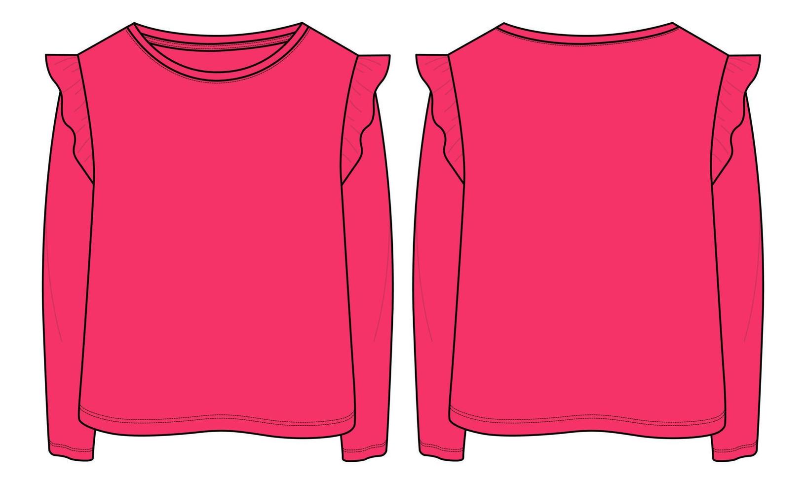 Long Sleeve T shirt Tops Technical fashion flat sketch vector pink color template for baby girls