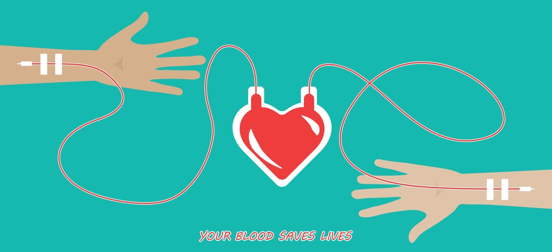 concepto de donación de sangre con bolsa de sangre como corazón. ilustración vectorial con brazos. día mundial del donante de sangre - 14 de junio. vector